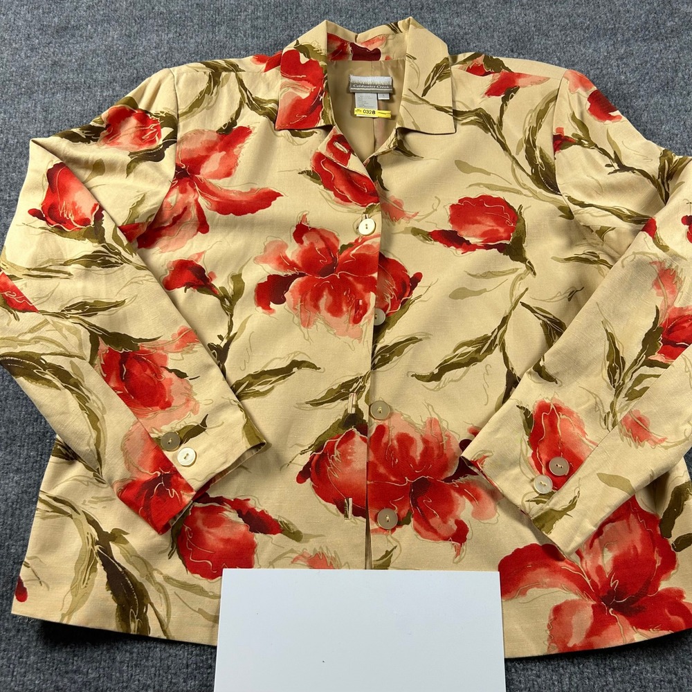 Coldwater Creek Silk Linen Floral Blazer Tan Red Lily Print Button Front Large